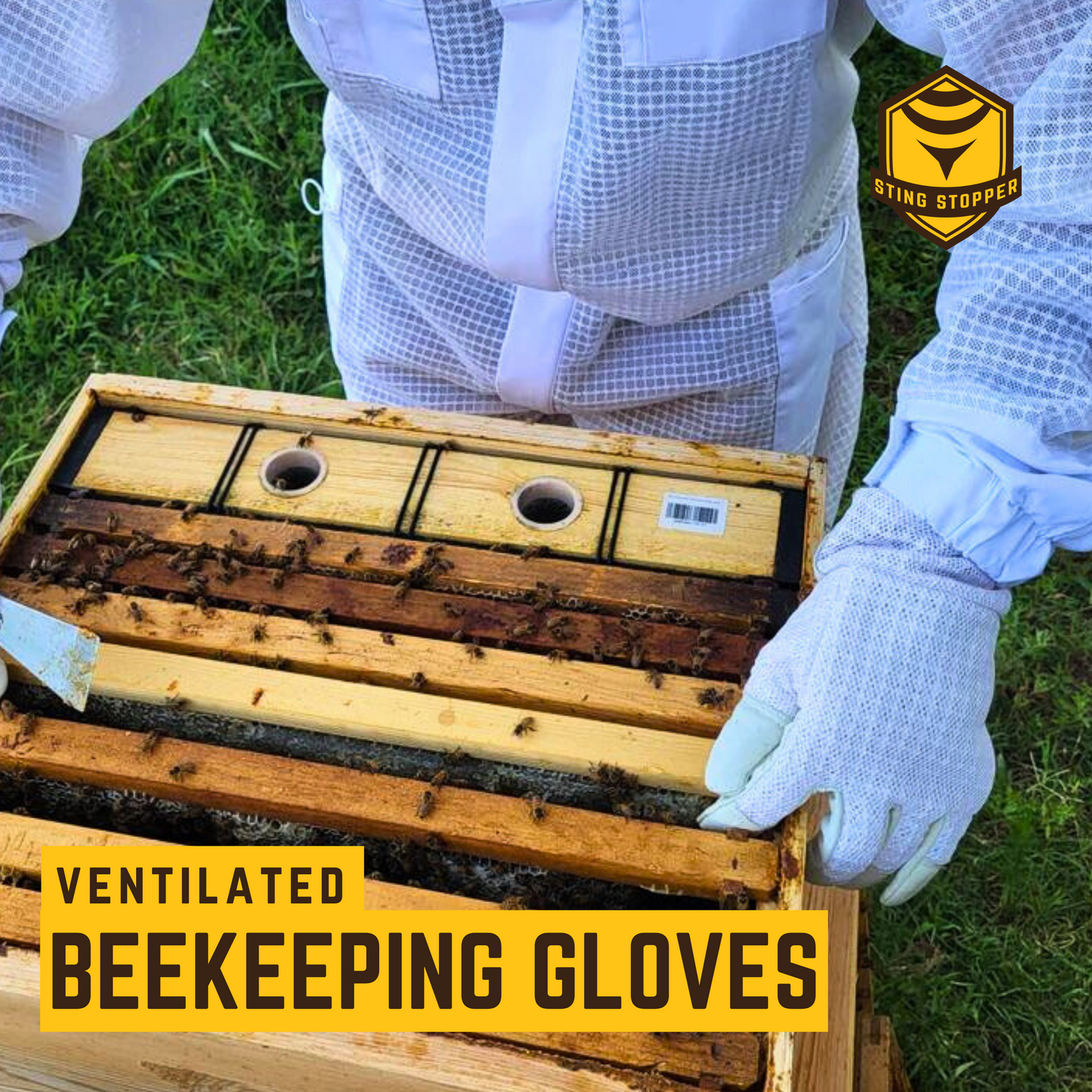 Sting Stopper Ventilated Goat Skin Beekeeping Gloves - Beekeeper White