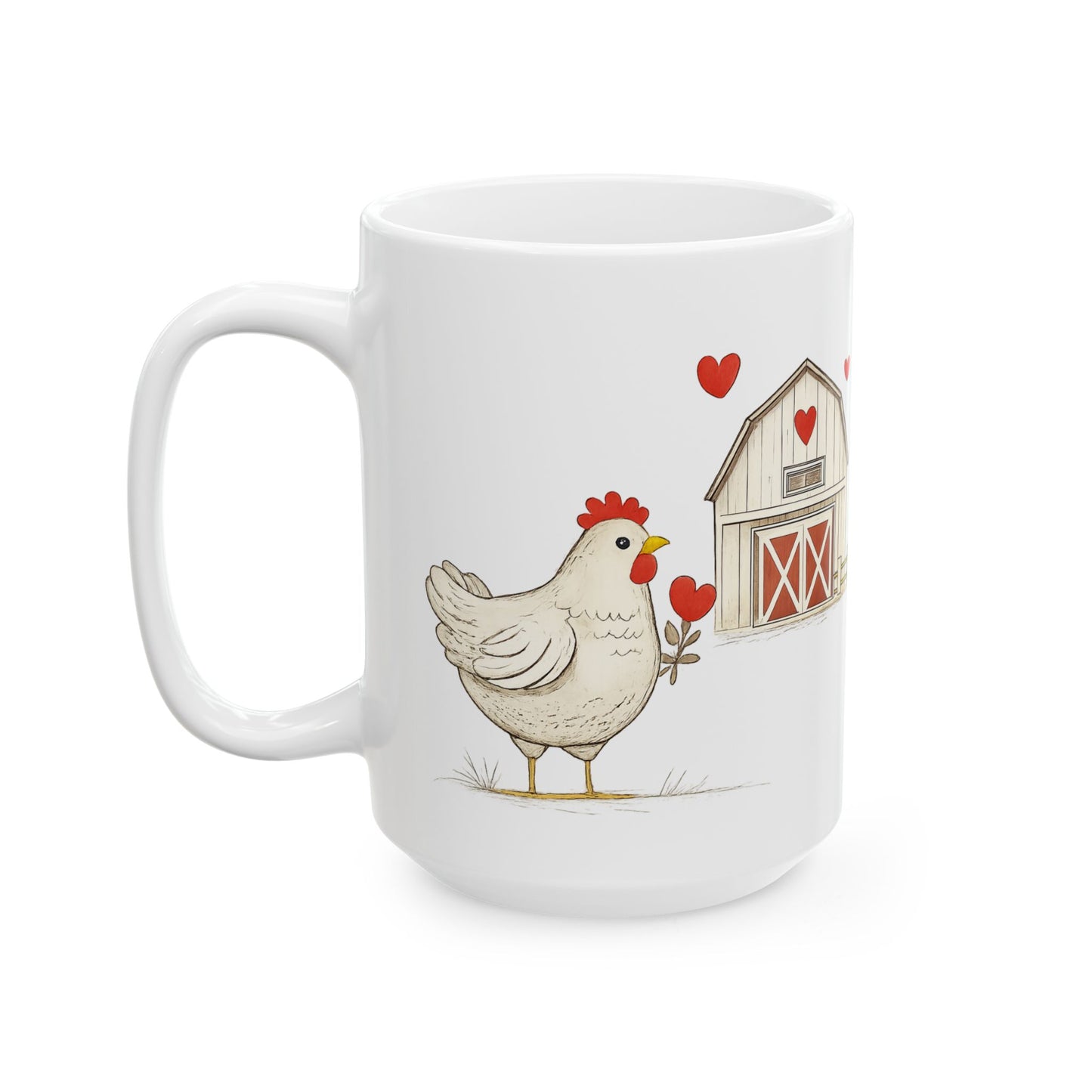 Farmhouse Barn & Hen Ceramic Mug — Country Kitchen Coffee Cup (11oz, 15oz)