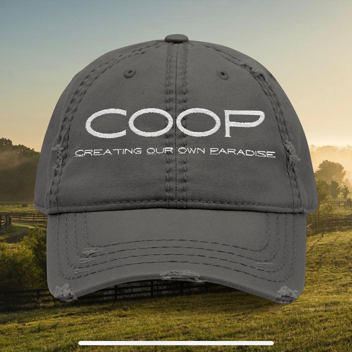 Distressed Dad Hat with COOP: Creating Our Own Paradise Embroidery