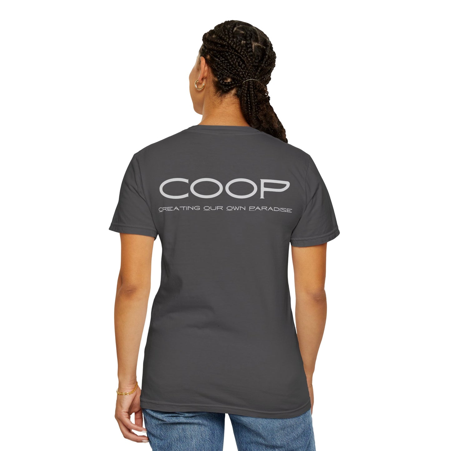 COOP Minimalist Logo T-Shirt — 'Creating Our Own Paradise' Back Print