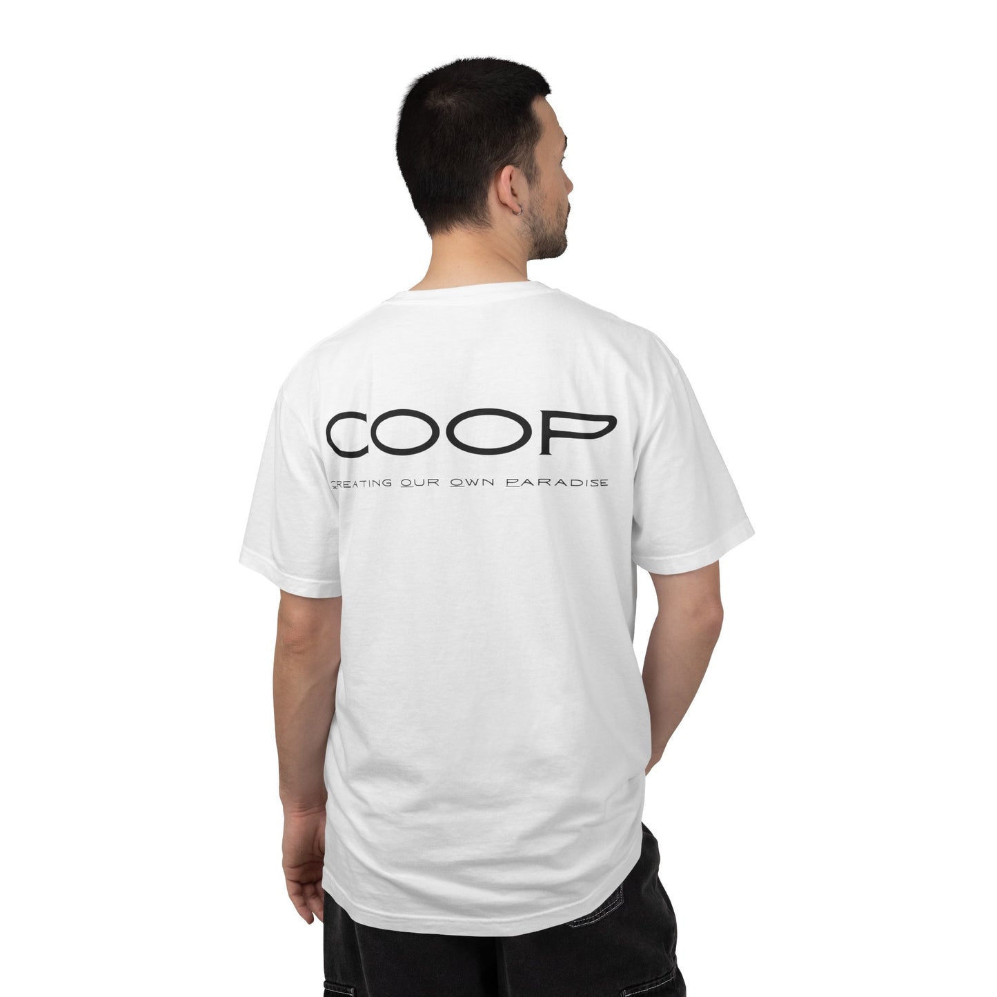COOP Minimalist Logo T-Shirt — 'Creating Our Own Paradise' Back Print