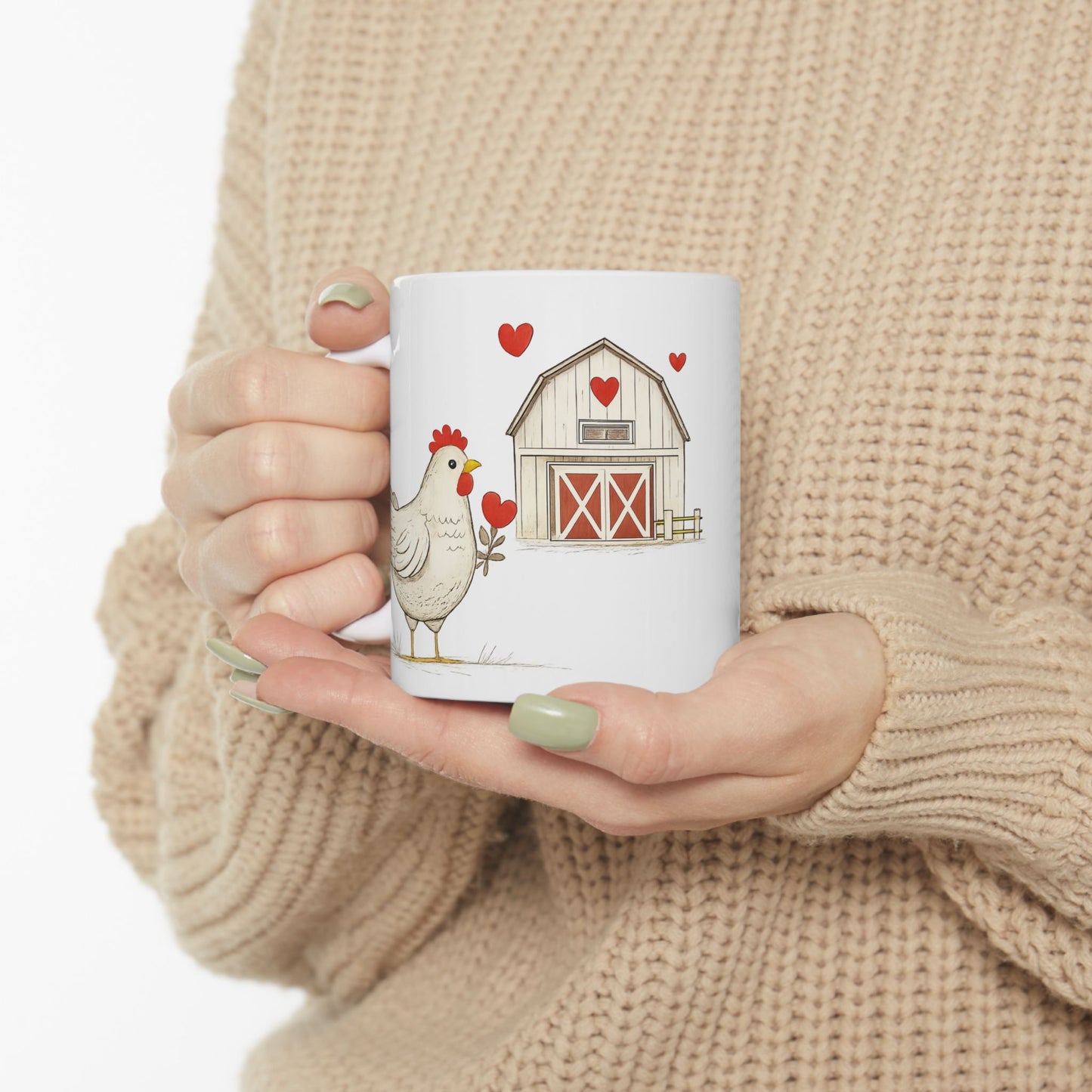 Farmhouse Barn & Hen Ceramic Mug — Country Kitchen Coffee Cup (11oz, 15oz)