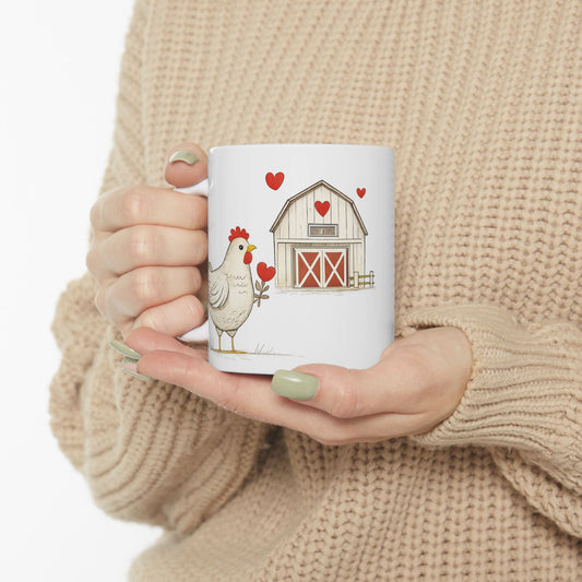 Farmhouse Barn & Hen Ceramic Mug — Country Kitchen Coffee Cup (11oz, 15oz)