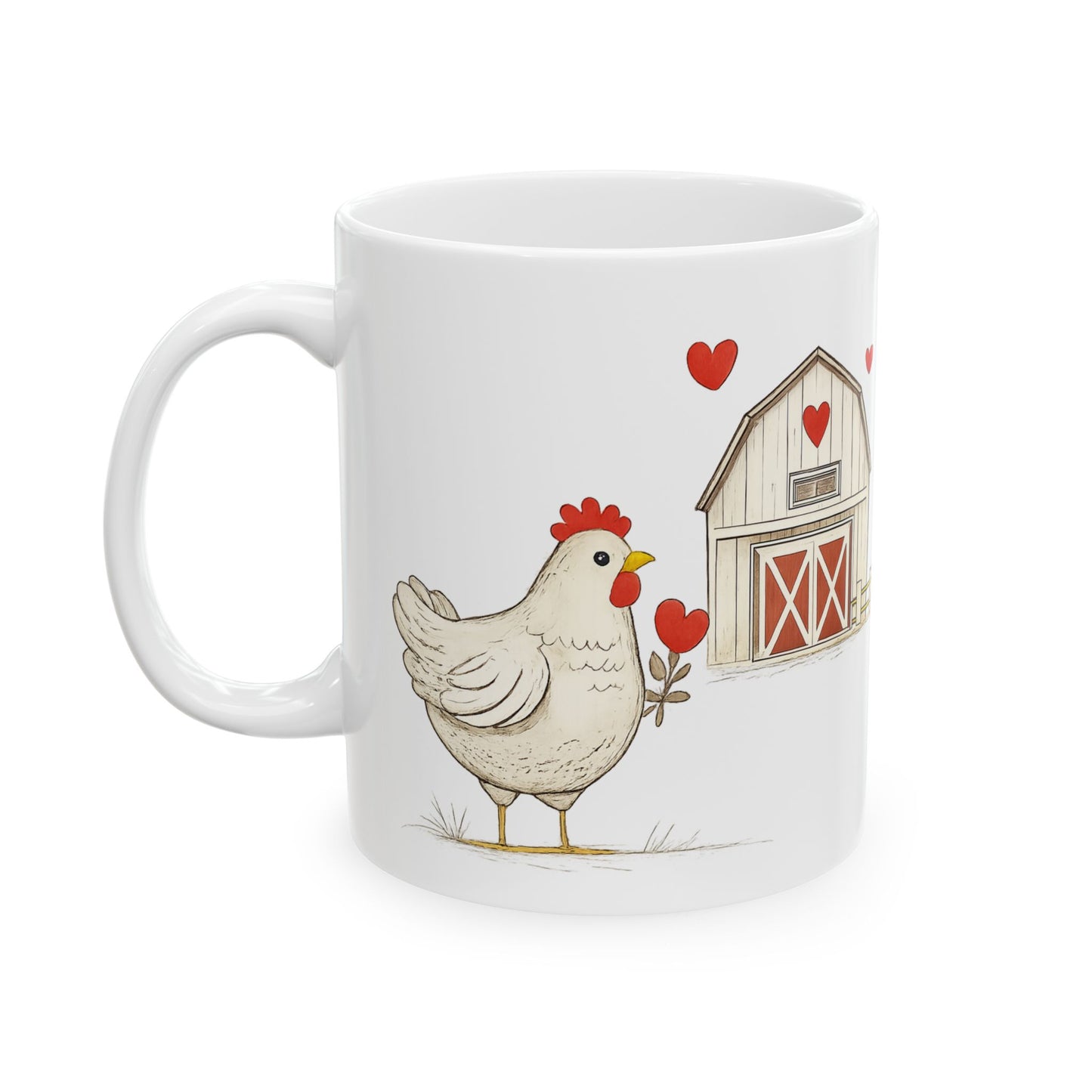 Farmhouse Barn & Hen Ceramic Mug — Country Kitchen Coffee Cup (11oz, 15oz)