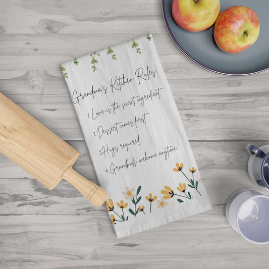 Grandma's Kitchen Rules Tea Towel – Floral Design for Home Décor & Gift