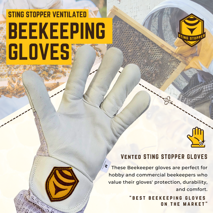 Sting Stopper Ventilated Goat Skin Beekeeping Gloves - Beekeeper White