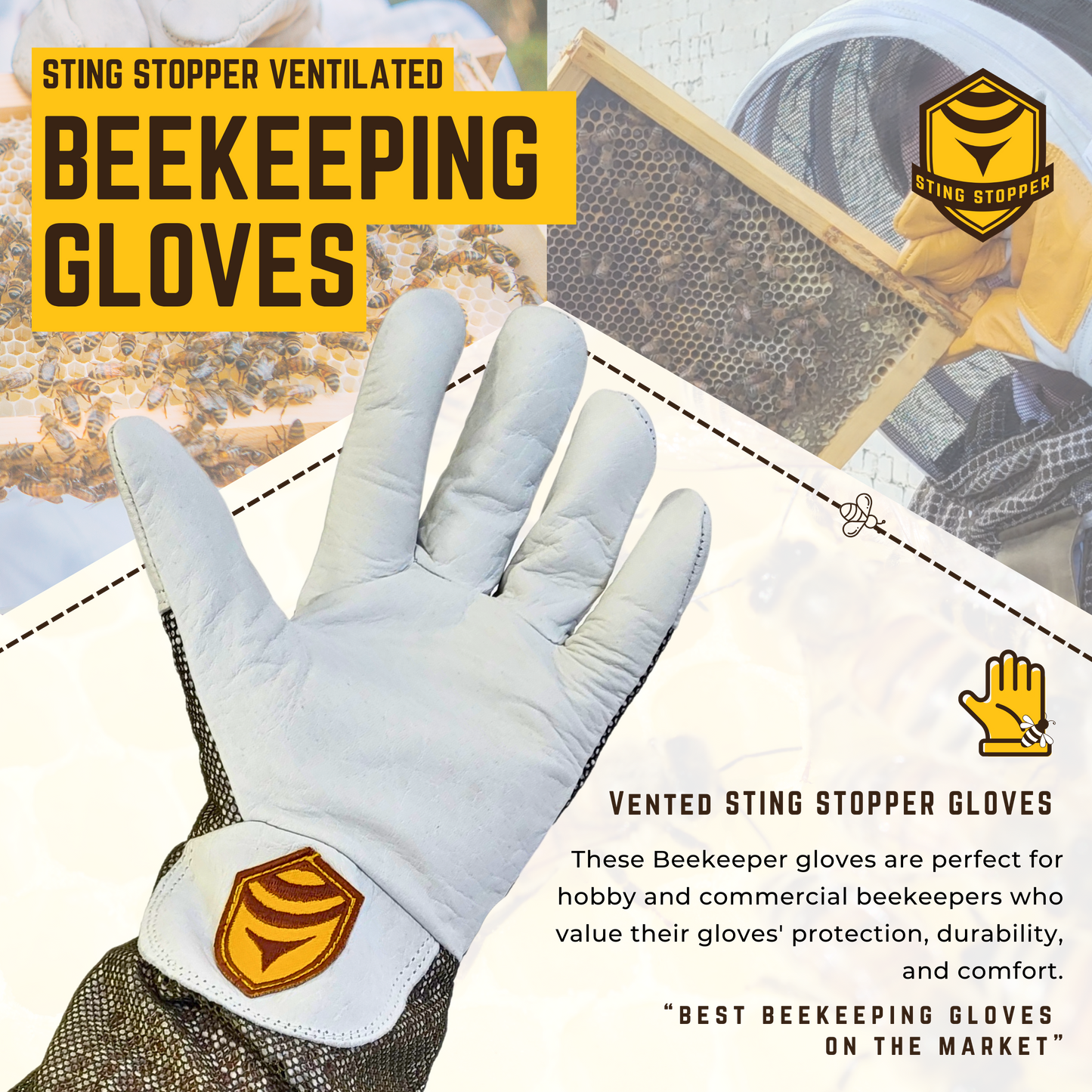 Sting Stopper Ventilated Goat Skin Beekeeping Gloves - Olive Green