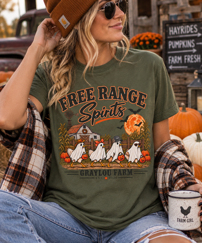 Lifestyle image for the Free Range Spirits Halloween farm tee