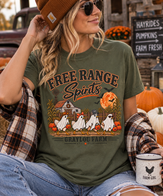 Lifestyle image for the Free Range Spirits Halloween farm tee