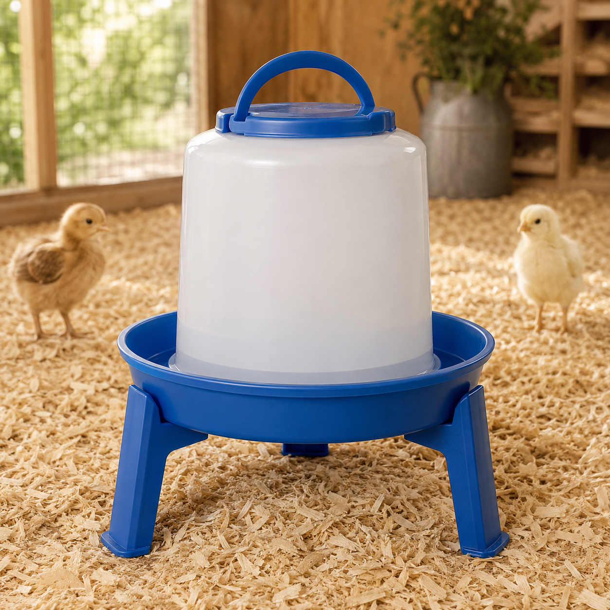 Blue and white poultry waterer with removable legs in a clean chicken coop