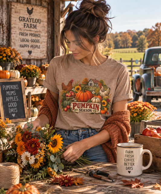 Woman wearing the Pumpkin Season farm market tee while arranging autumn flowers at a rustic farm stand