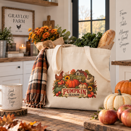 Pumpkin Season farm market tote styled in a bright rustic farmhouse kitchen